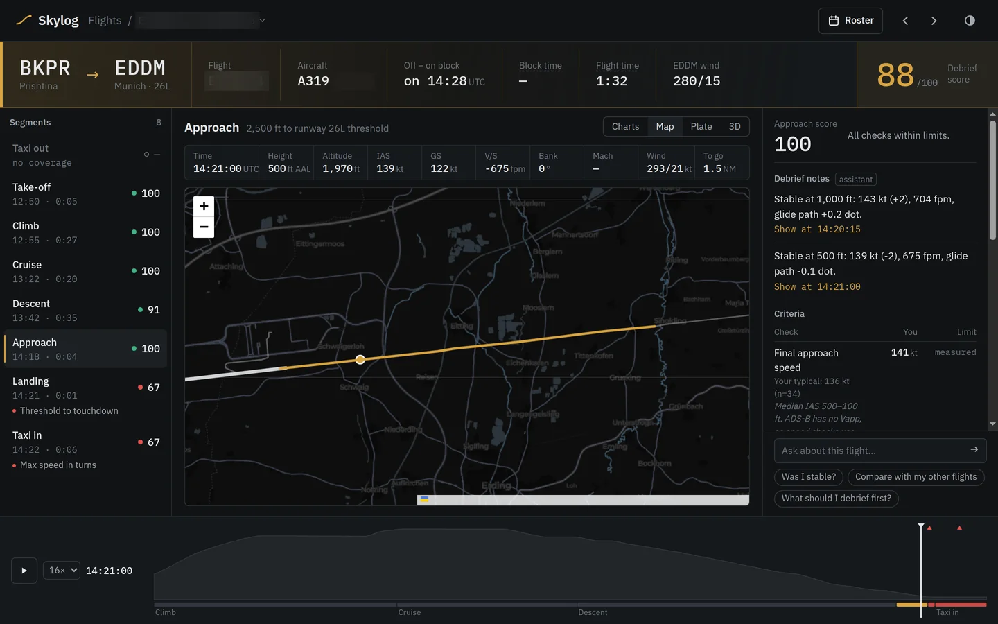 SkyTracer map view: the recorded ADS-B track with real coverage gaps shown